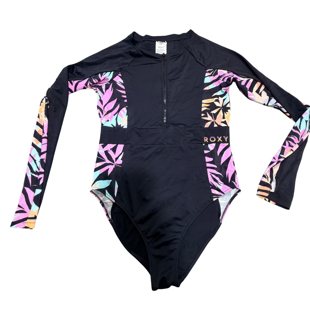 Roxy Long Sleeve Rash Guard One Piece Swimsuit Womens Large Black Tropical Surf
